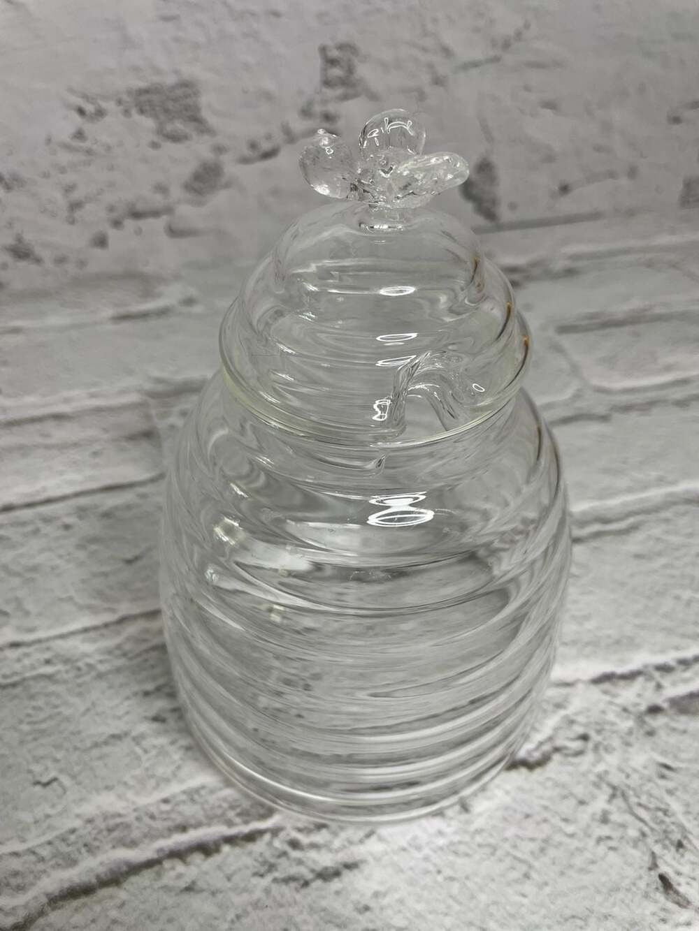 Clear Ribbed Glass Beehive Honey Jar with Bee Finial